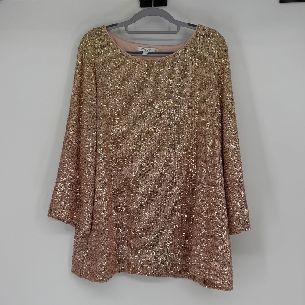 Chico's Sequin Tunic Top Size 3 XL Rose Gold Long Sleeve Cocktail Party